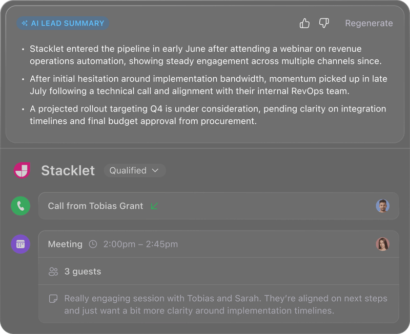 Close CRM AI summary panel screenshot