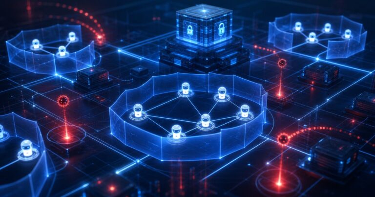 Abstract cybersecurity illustration showing protected AI agent networks and threat signals