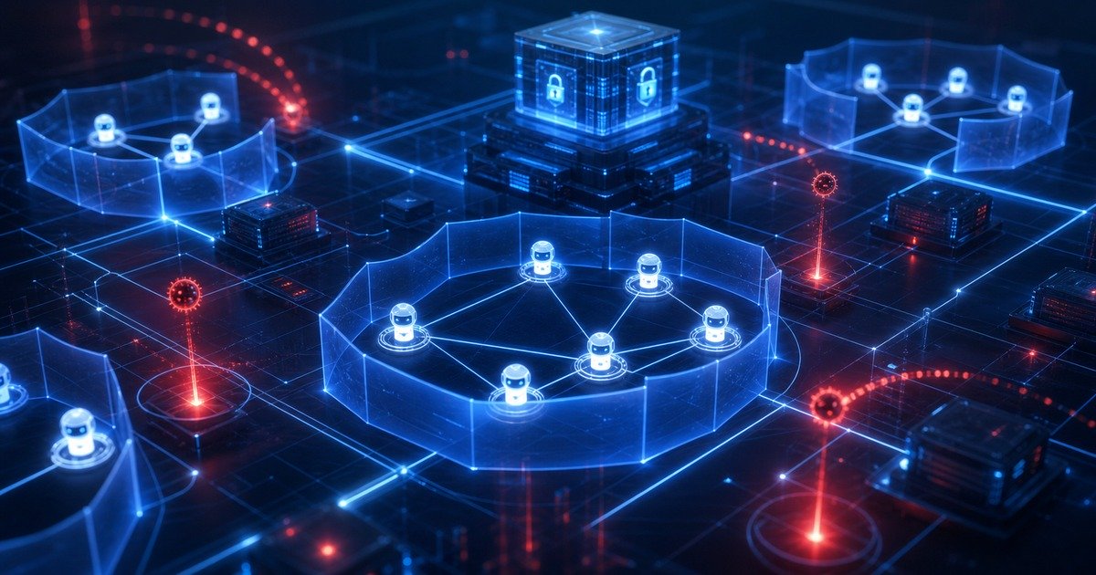 Abstract cybersecurity illustration showing protected AI agent networks and threat signals