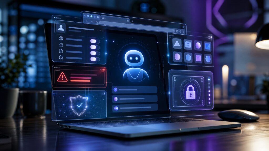 AI browser agent security dashboard with permission controls and warnings