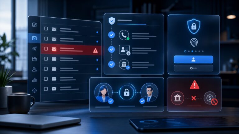 Business email compromise checklist dashboard showing suspicious invoice MFA vendor verification and blocked wire transfer