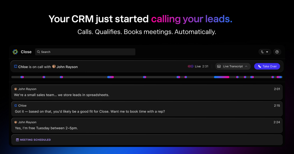 Close CRM product screenshot showing AI calling and lead qualification