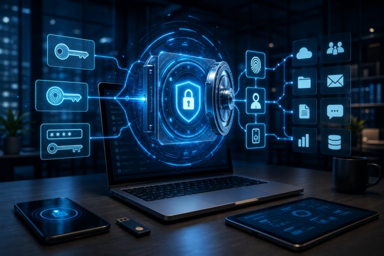 Premium cybersecurity vault illustration for a 1Password Business review