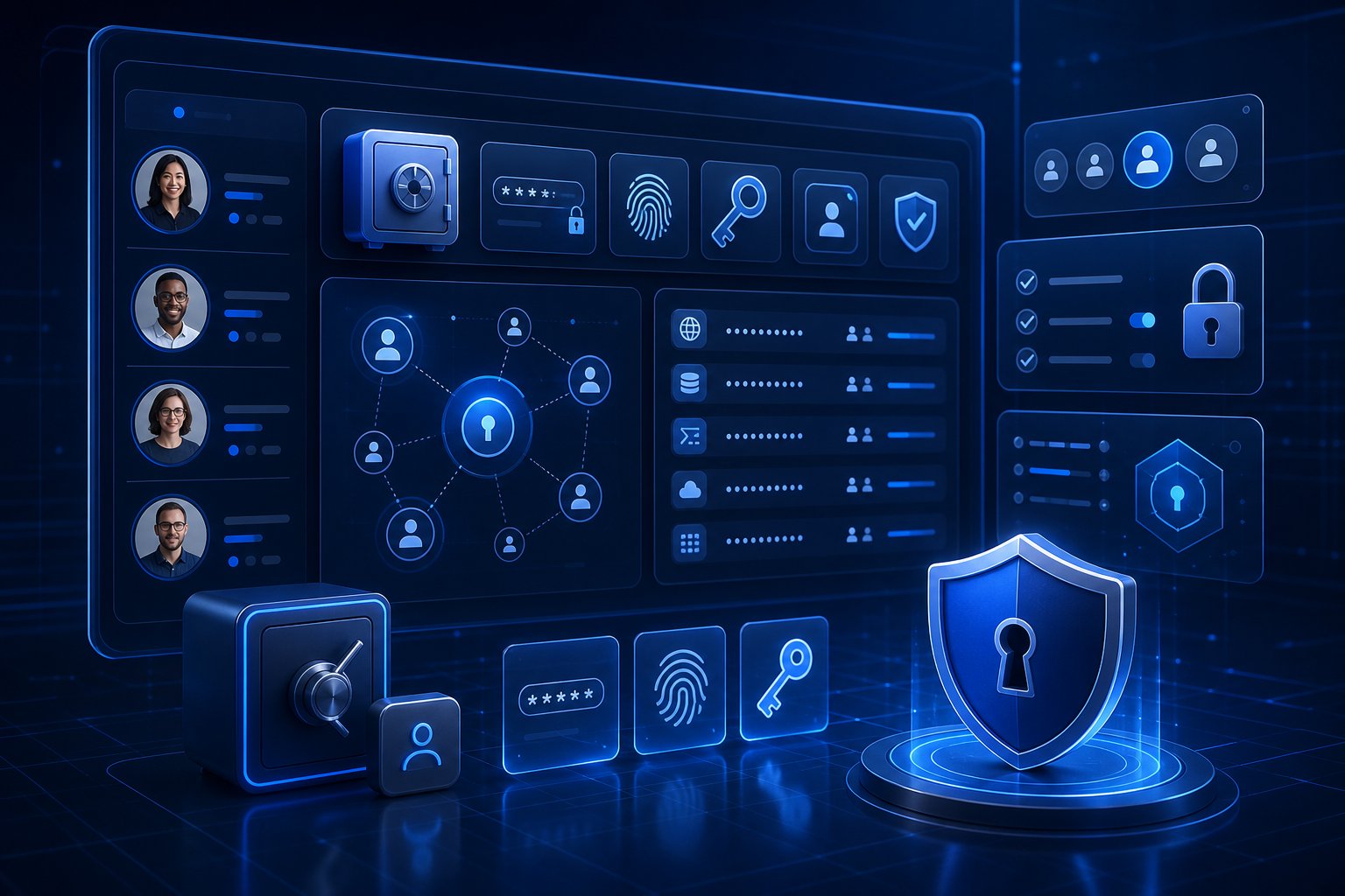 Business password manager admin controls and secure vaults illustration