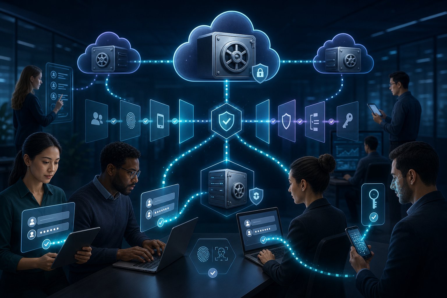 Team password manager rollout with secure vaults and authentication illustration