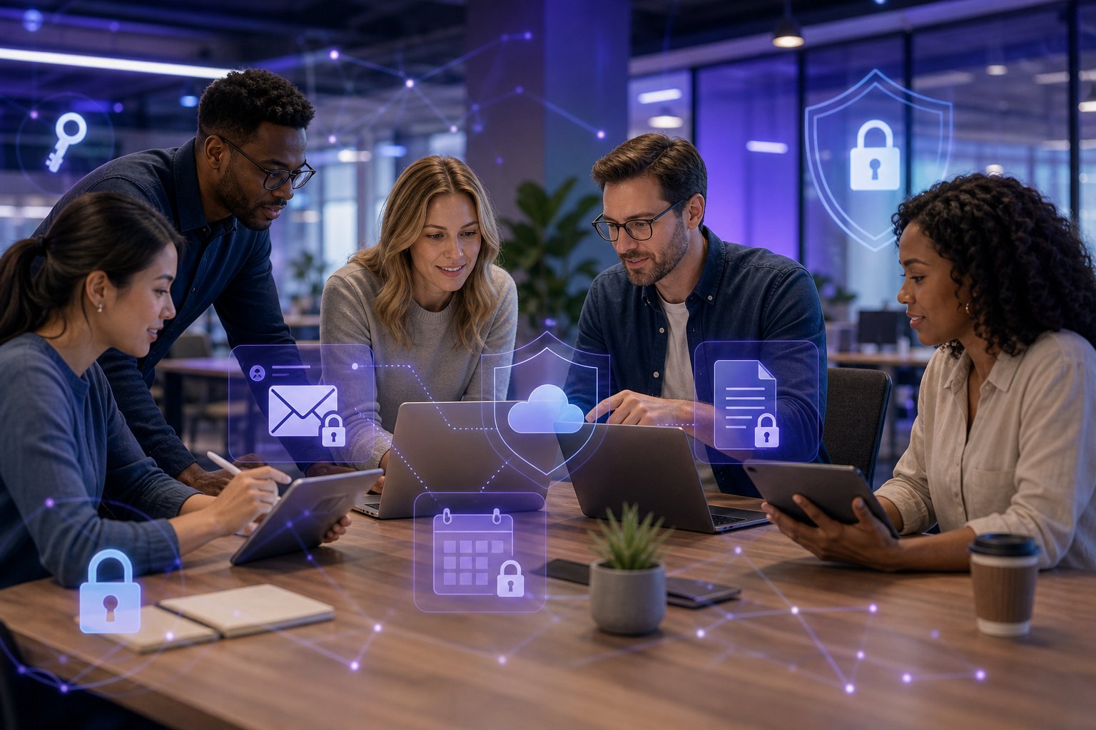 Encrypted business email calendar and secure cloud workflow illustration