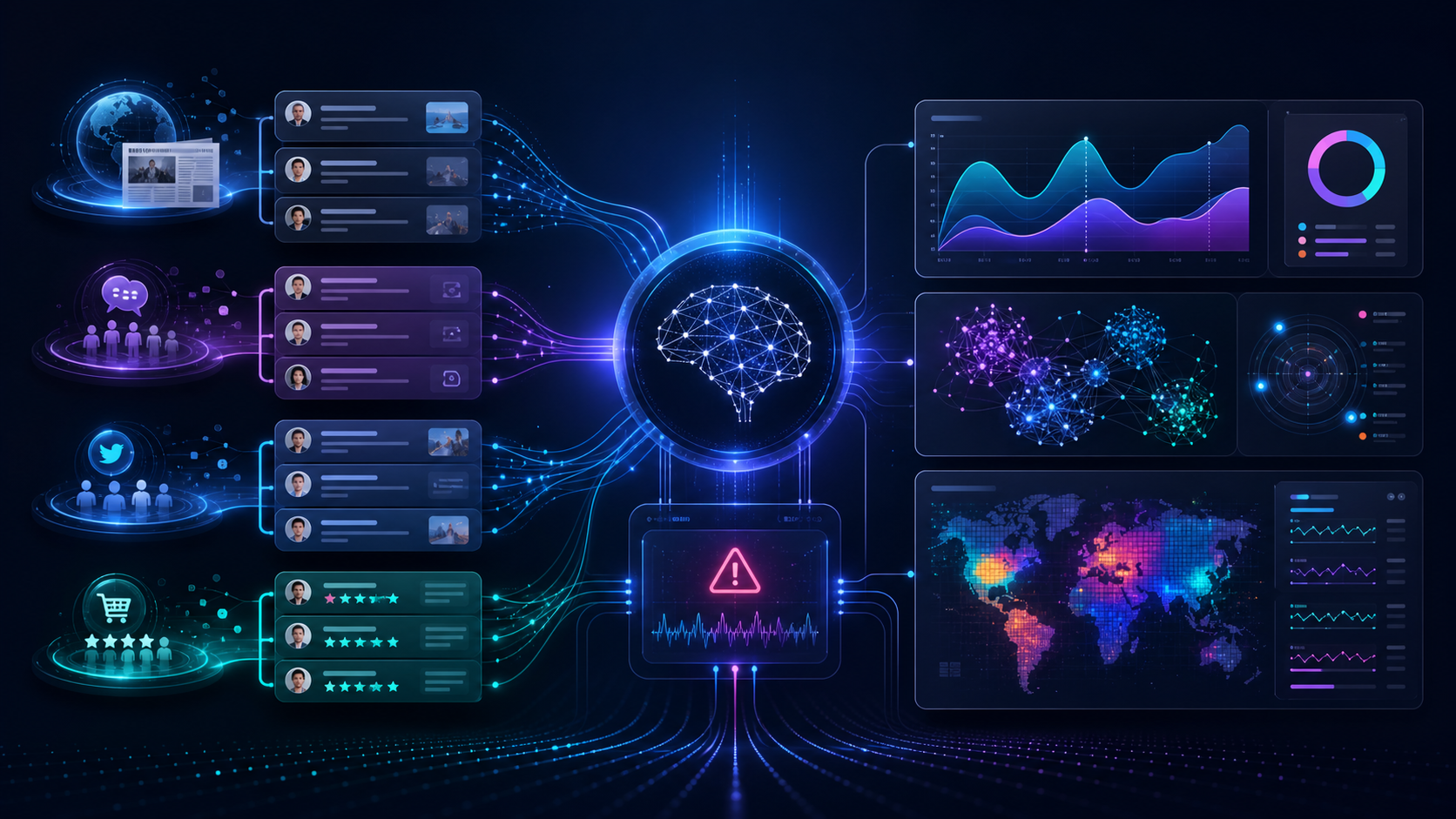 AI workflow collecting mentions from news social media forums and reviews