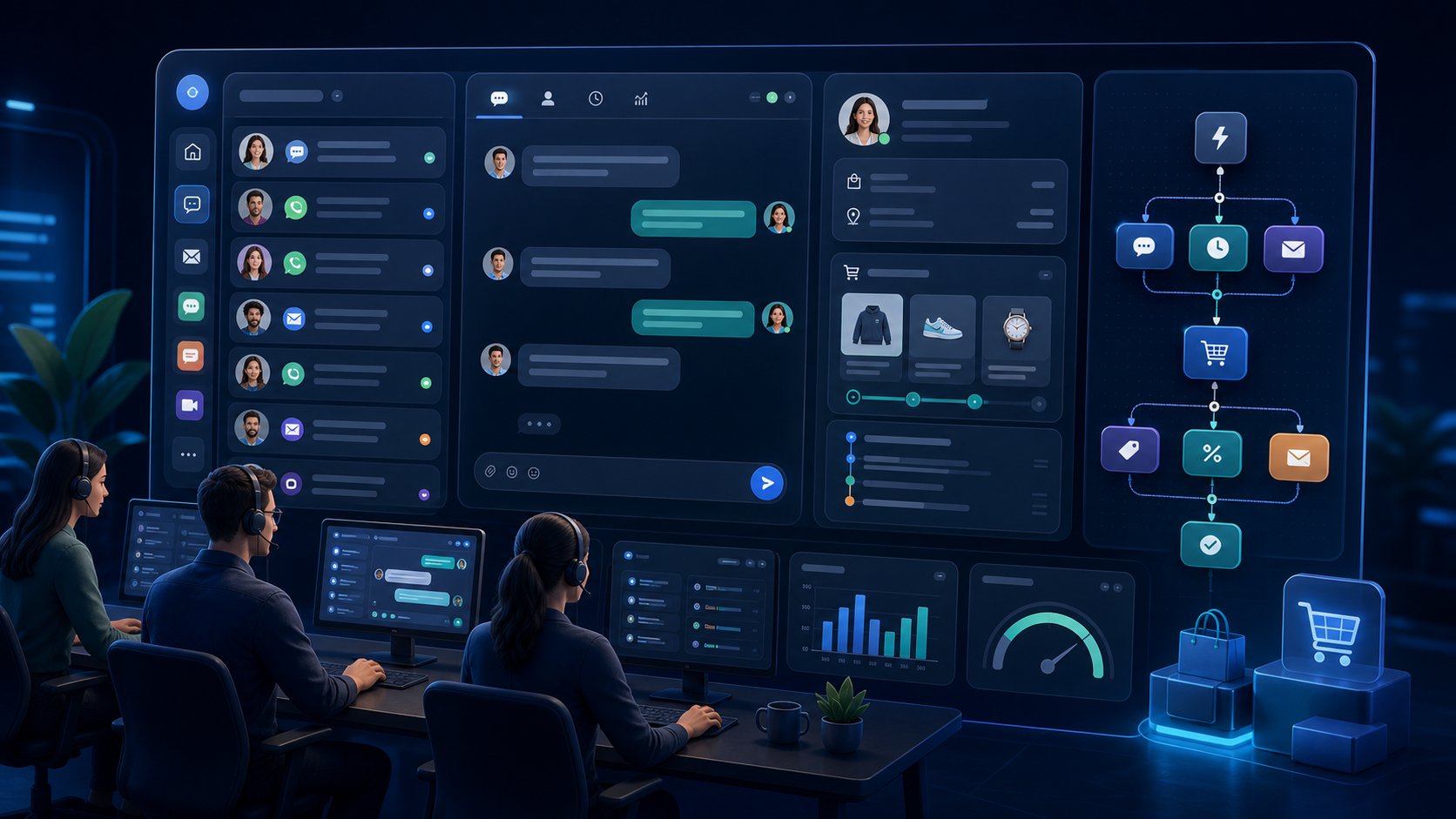 Live chat and ecommerce support dashboard illustration for Tidio review
