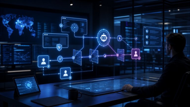 Security operations dashboard showing protected AI agent workflows and approval gates