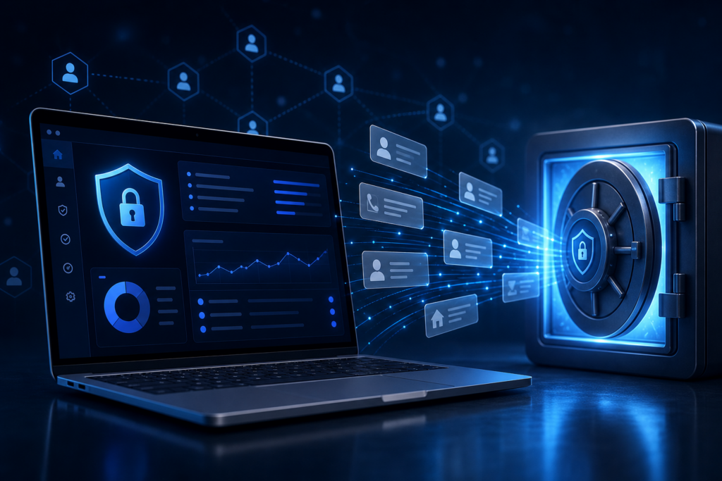 Optery review featured image showing a privacy dashboard and secure data vault