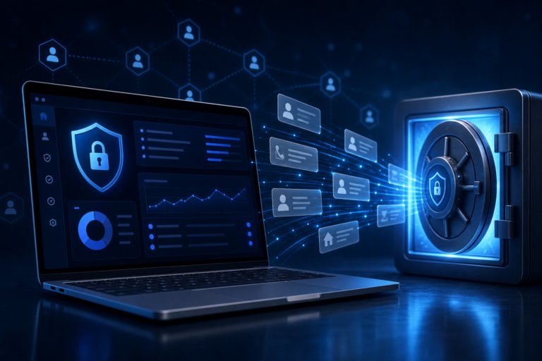 Optery review featured image showing a privacy dashboard and secure data vault