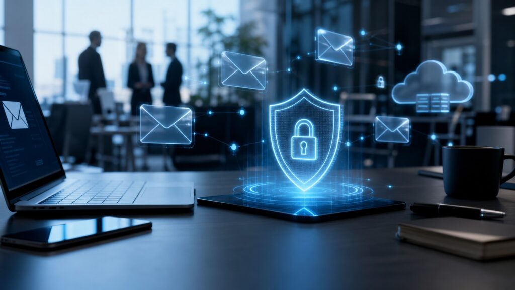 Secure business email privacy illustration with encrypted mail and shield