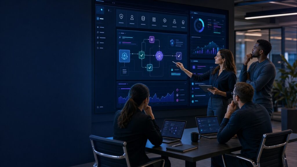 Small business team reviewing AI agent governance controls on a security dashboard