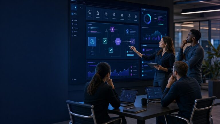 Small business team reviewing AI agent governance controls on a security dashboard
