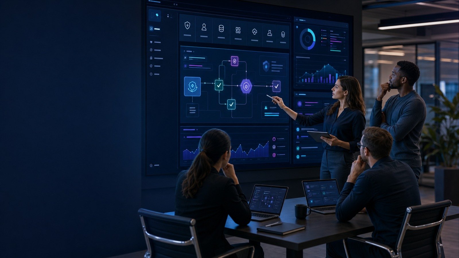 Small business team reviewing AI agent governance controls on a security dashboard