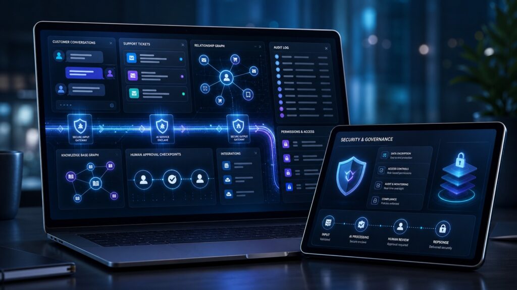 AI customer service chatbot security dashboard with approval gates and audit controls