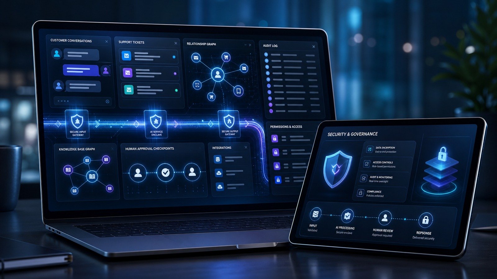 AI customer service chatbot security dashboard with approval gates and audit controls