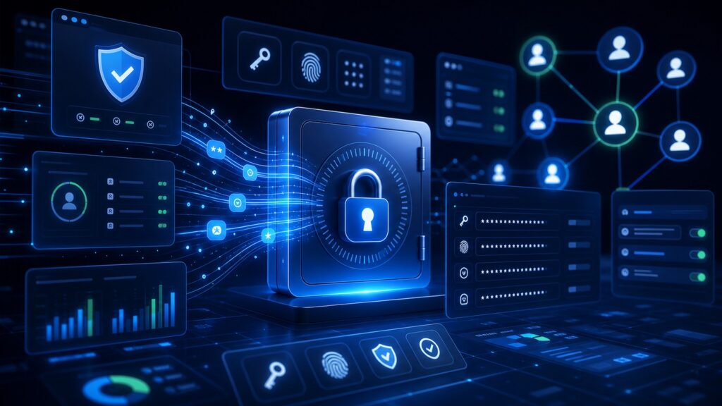 Password manager security dashboard with encrypted vault passkeys MFA and team access controls