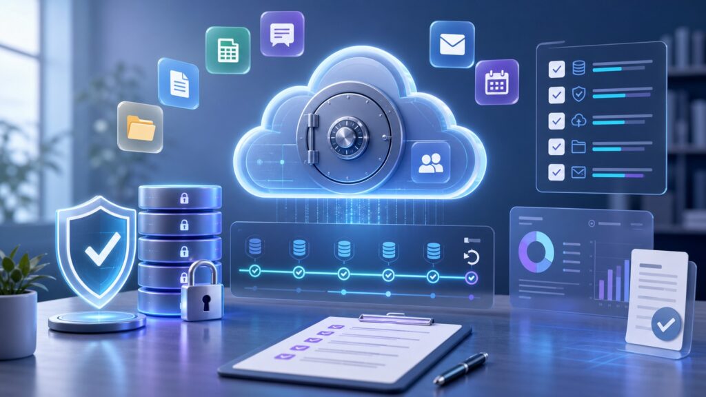 SaaS backup and recovery checklist dashboard with secure cloud vault and restore timeline