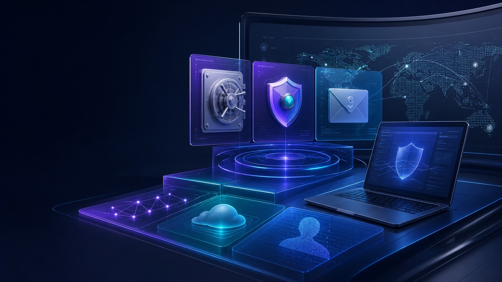Layered small business security stack dashboard with password vault, MFA shield, secure email, endpoint protection and privacy controls