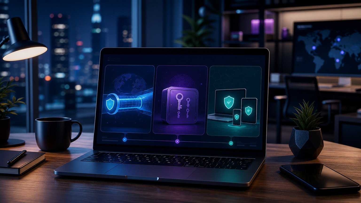 Small business cybersecurity layers showing VPN, password manager and endpoint security