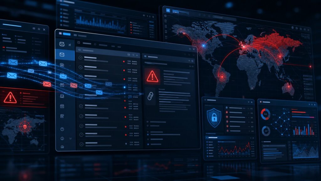 Email security dashboard showing phishing warnings and suspicious message traffic