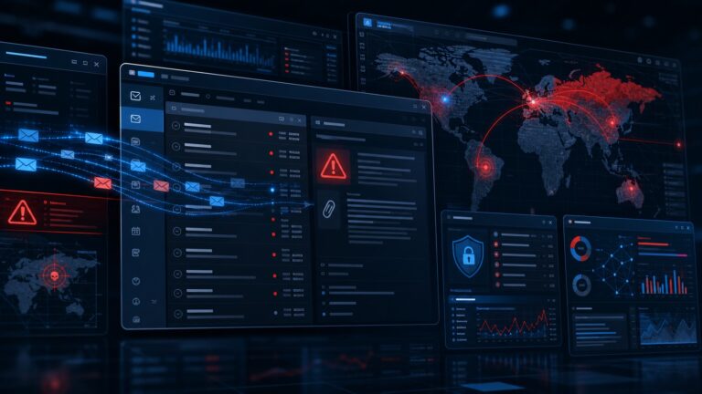 Email security dashboard showing phishing warnings and suspicious message traffic