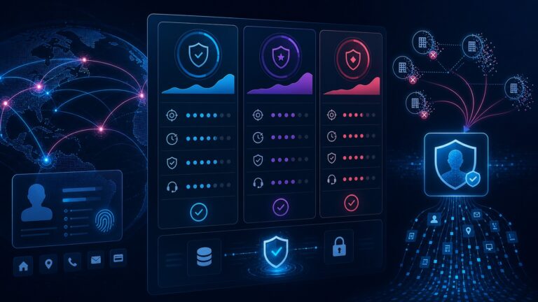 Premium privacy dashboard comparing Optery DeleteMe and Incogni data broker removal services
