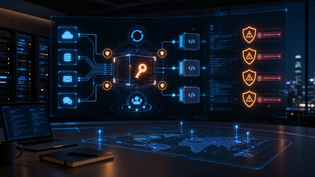 API key security dashboard showing a protected key vault and SaaS app connections