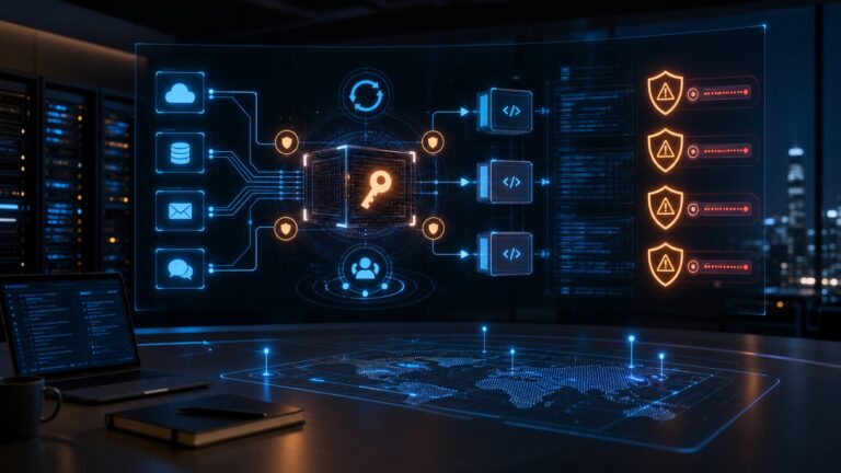 API key security dashboard showing a protected key vault and SaaS app connections