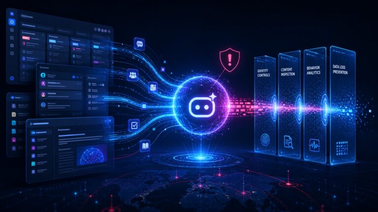 AI assistant data flow passing through security controls for Jira and Confluence-style workspaces