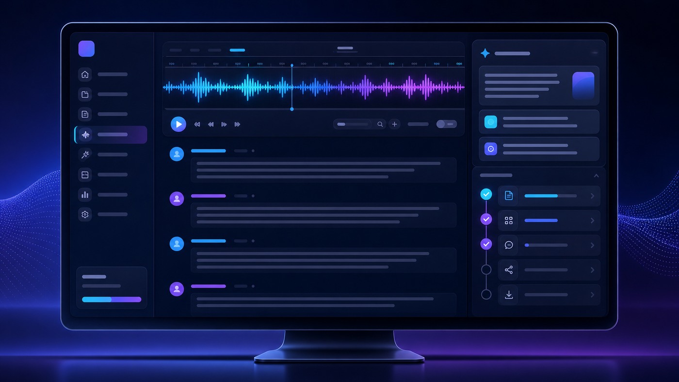 AI transcription workspace illustration for Castmagic review