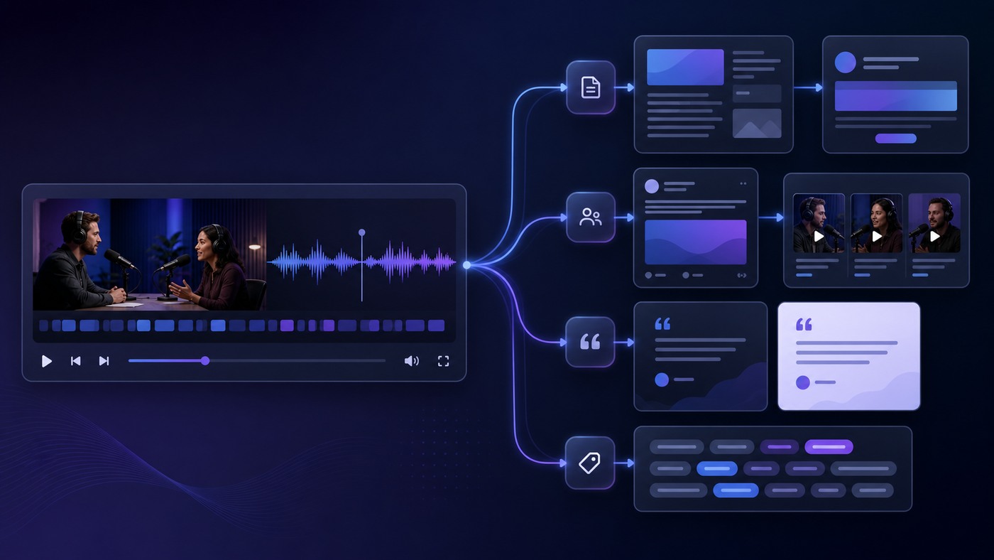 One recording becoming blog newsletter social and clip assets