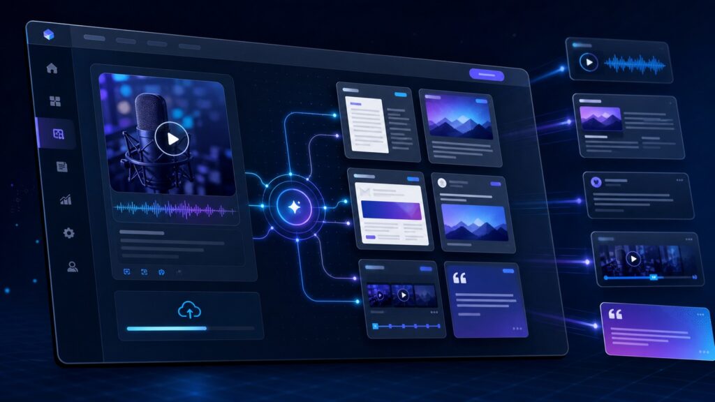 Premium AI content repurposing dashboard illustration for Castmagic review
