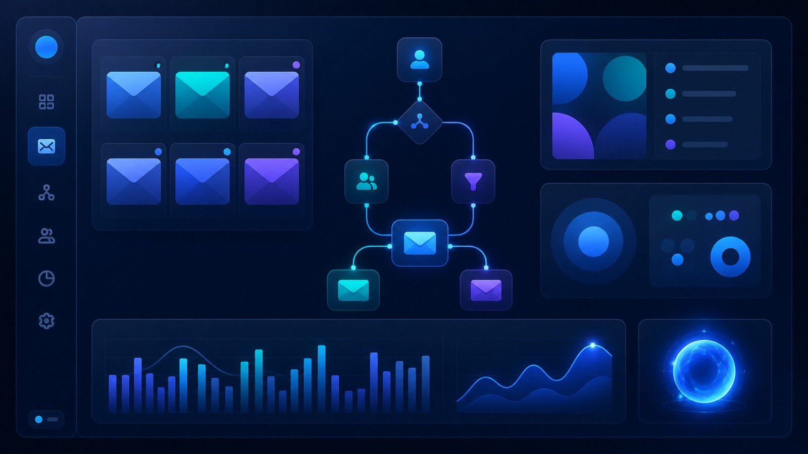 Abstract email marketing automation dashboard with campaign workflows and analytics