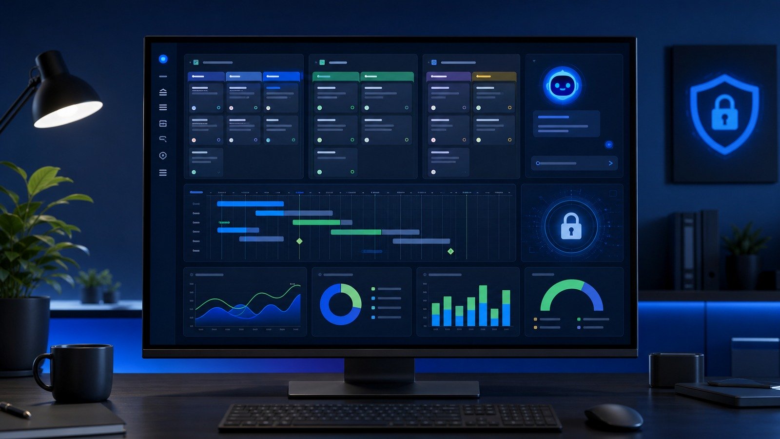 Project management dashboard comparing work boards, Gantt timelines, AI assistance and security controls