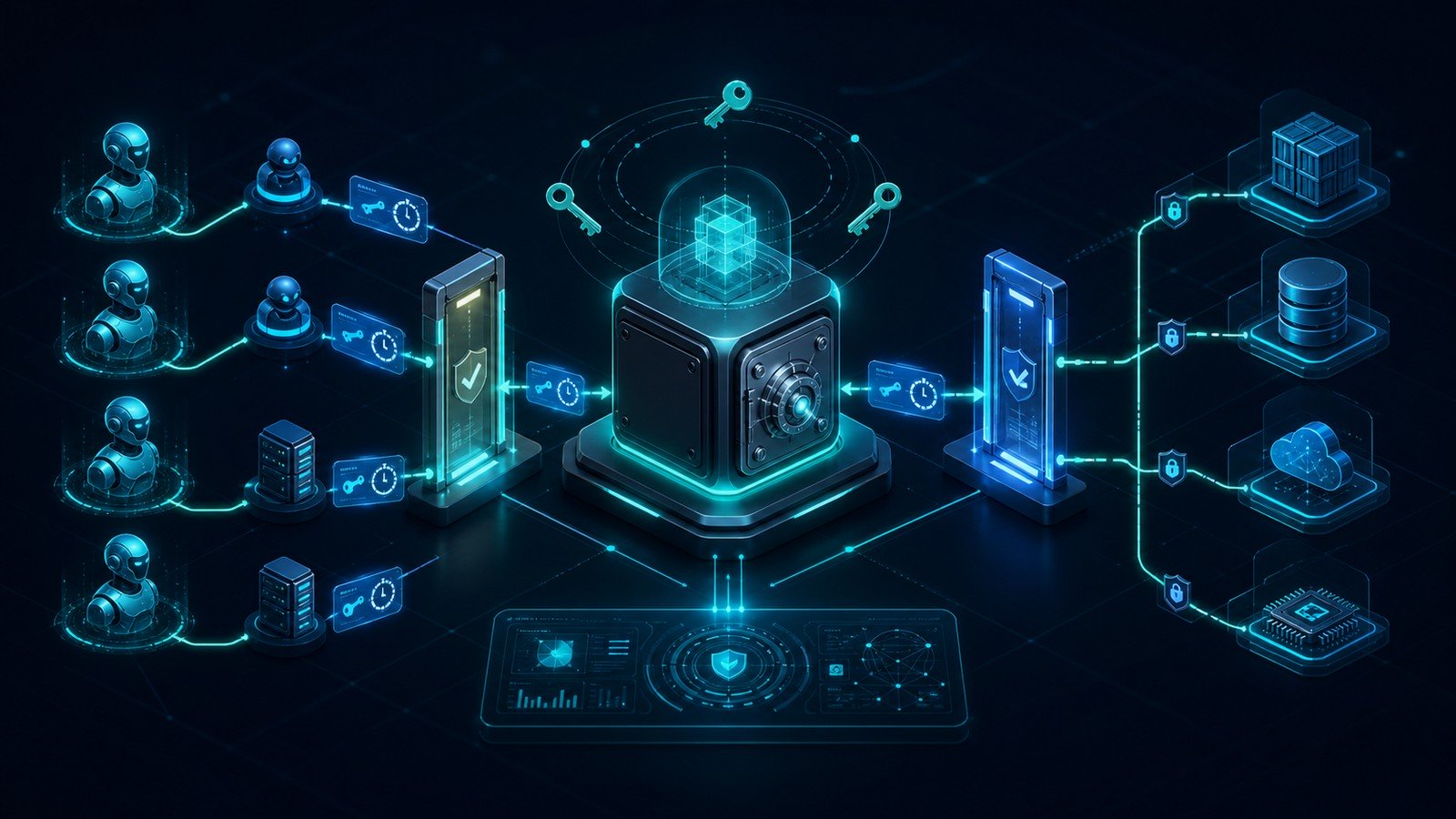 AI agents and service accounts requesting short-lived credentials from a central vault