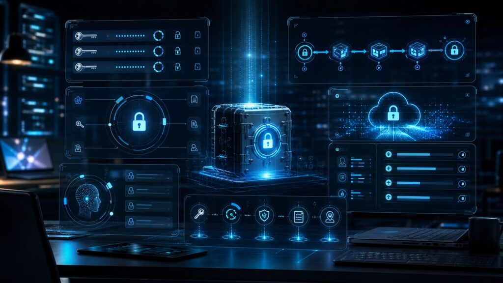 Secrets management tools dashboard with secure API key vault and audit controls