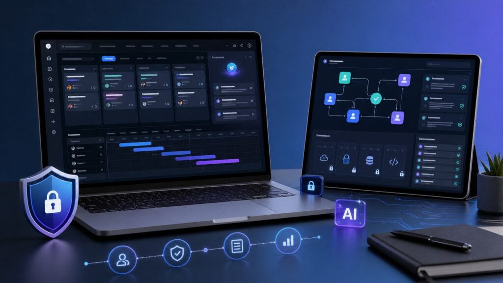 AI project management security dashboard concept for Wrike review