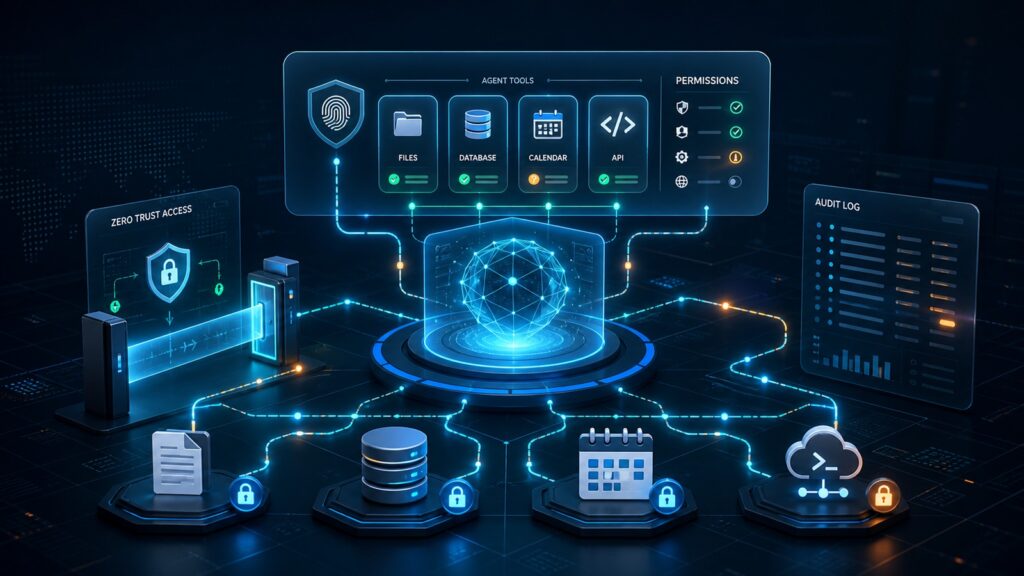 Model Context Protocol security dashboard showing AI agent tool permissions, files, databases, APIs and audit logs
