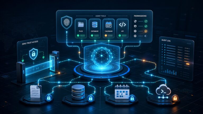 Model Context Protocol security dashboard showing AI agent tool permissions, files, databases, APIs and audit logs